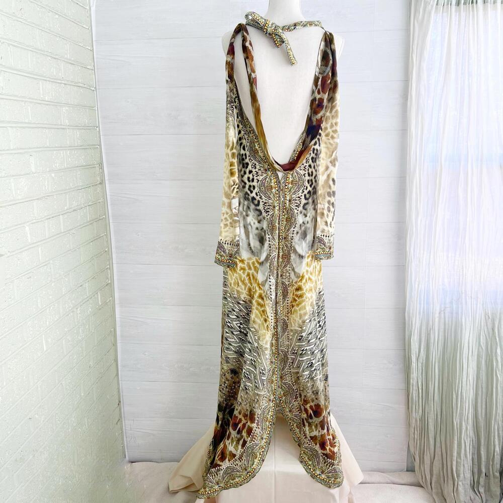 Camilla - Animal print silk embellished maxi halter dress, L - Picture 2 of 15